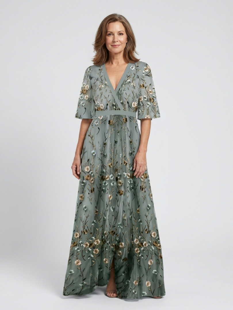 Evadne | Floral V-Neck Short Sleeve Maxi Dress