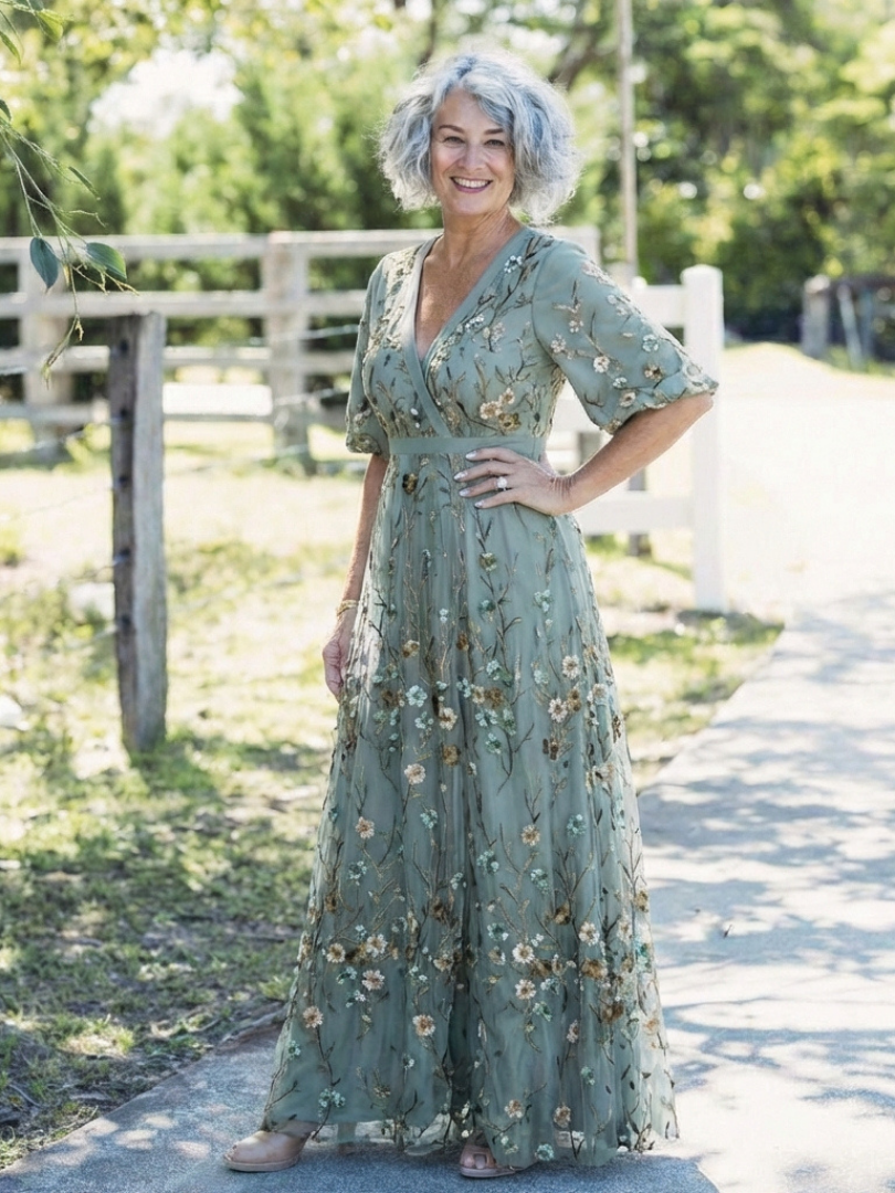 Evadne | Floral V-Neck Short Sleeve Maxi Dress