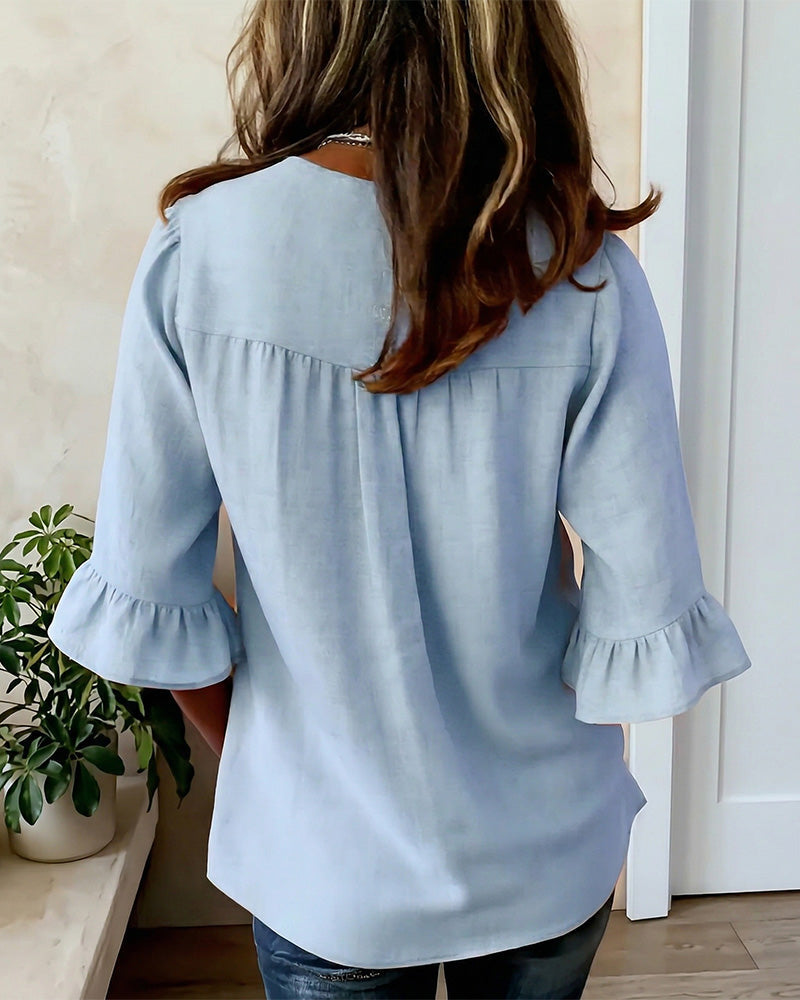Sophia Solid Cotton-Linen Blouse with Wooden Buttons and Ruffle
