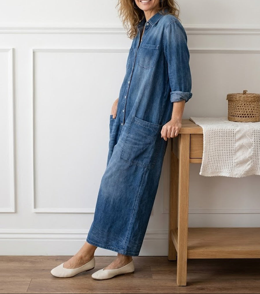 Saylor | Vintage Washed Soft Cotton Denim Jumpsuit with Button Closure