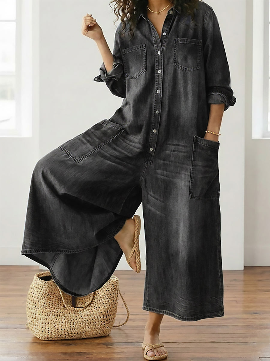 Saylor | Vintage Washed Soft Cotton Denim Jumpsuit with Button Closure