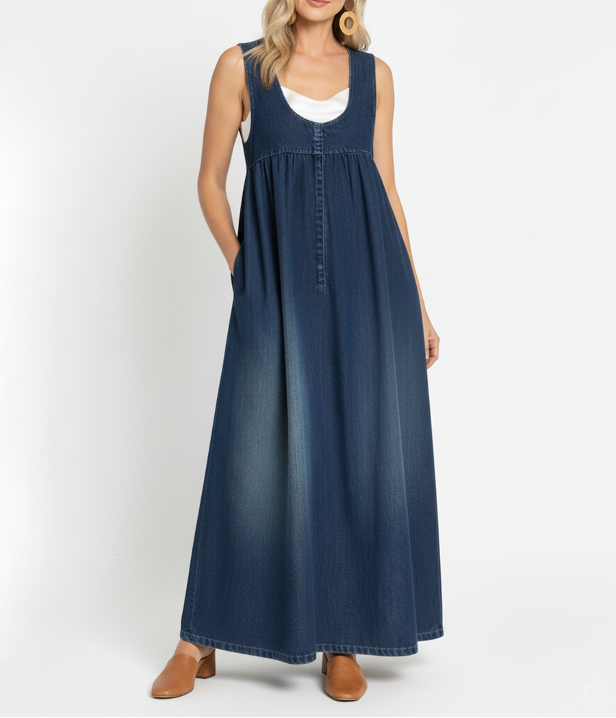 Saylor | Vintage Washed Soft Cotton Feel Denim Maxi Dress