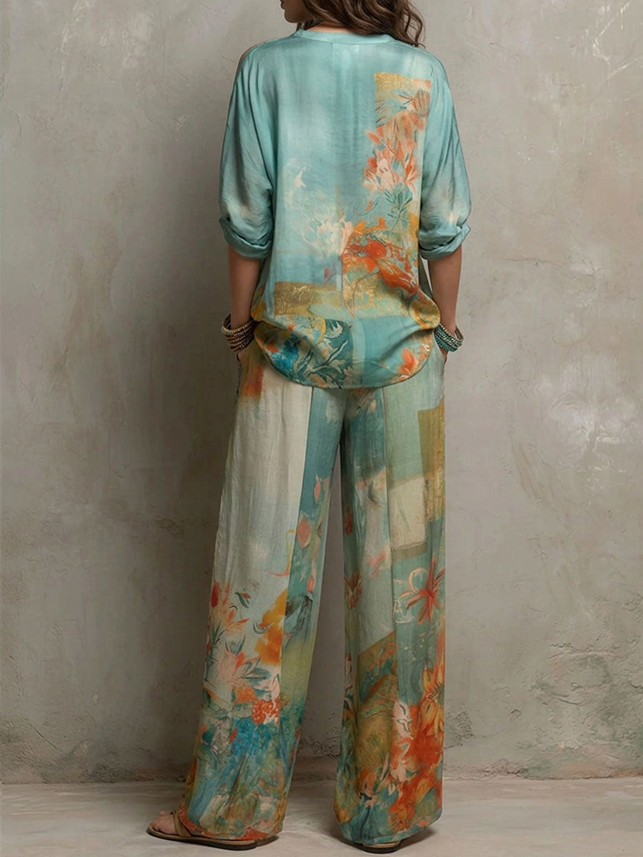 Chiara | Floral Print Blouse and Wide Pants Set