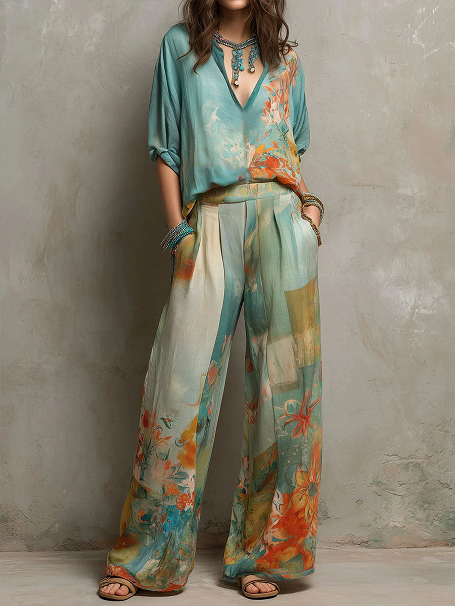 Chiara | Floral Print Blouse and Wide Pants Set