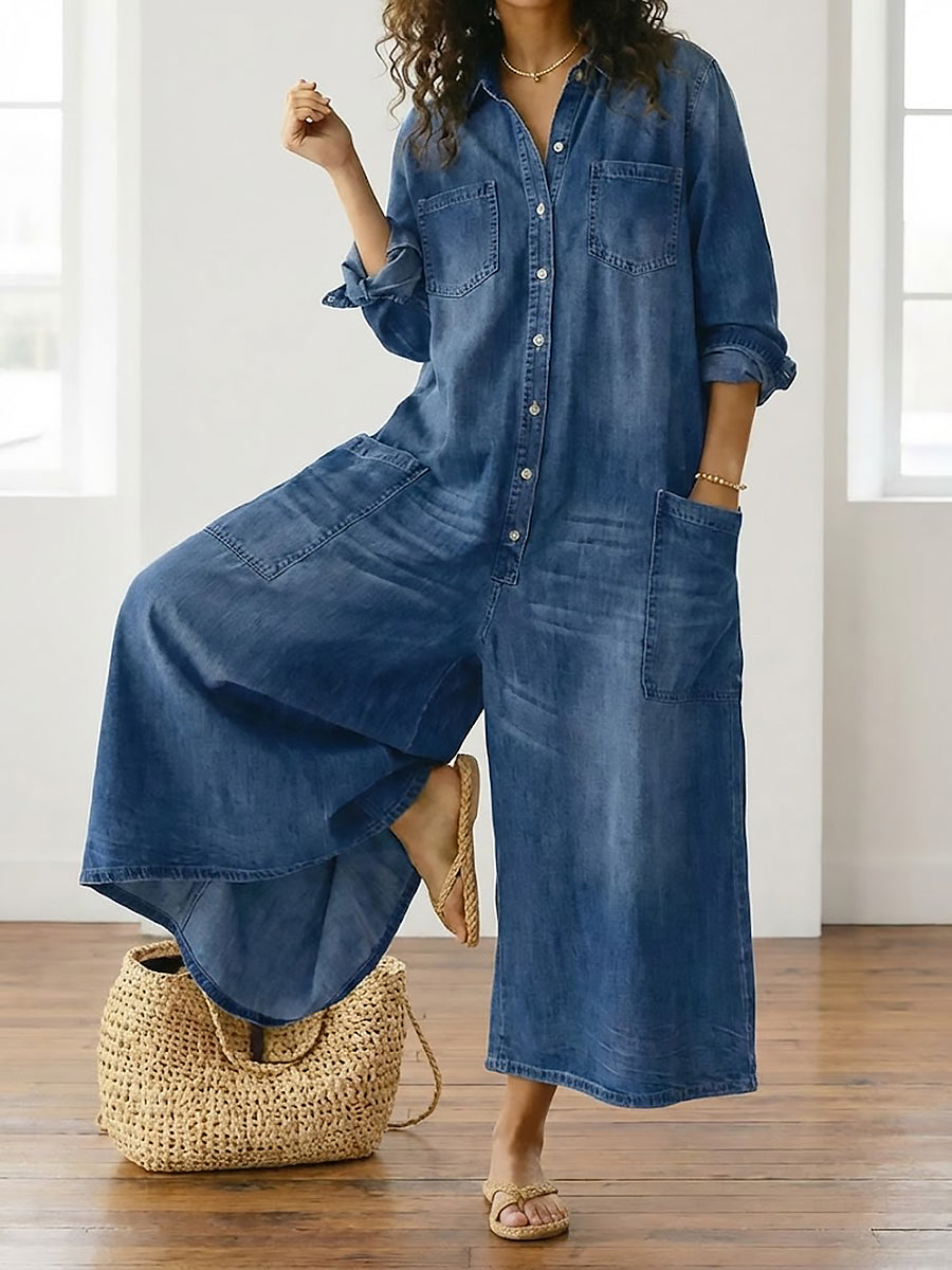 Saylor | Vintage Washed Soft Cotton Denim Jumpsuit with Button Closure