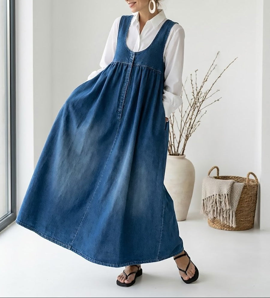 Saylor | Vintage Washed Soft Cotton Feel Denim Maxi Dress