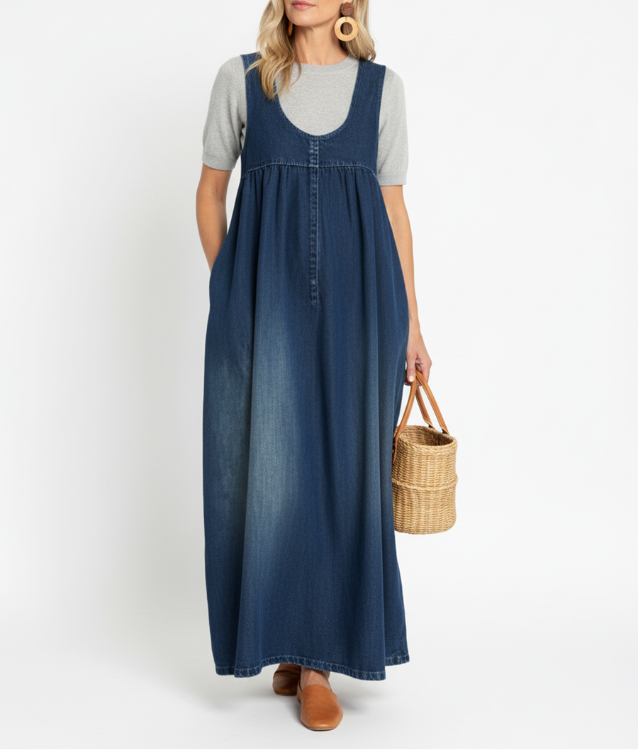 Saylor | Vintage Washed Soft Cotton Feel Denim Maxi Dress