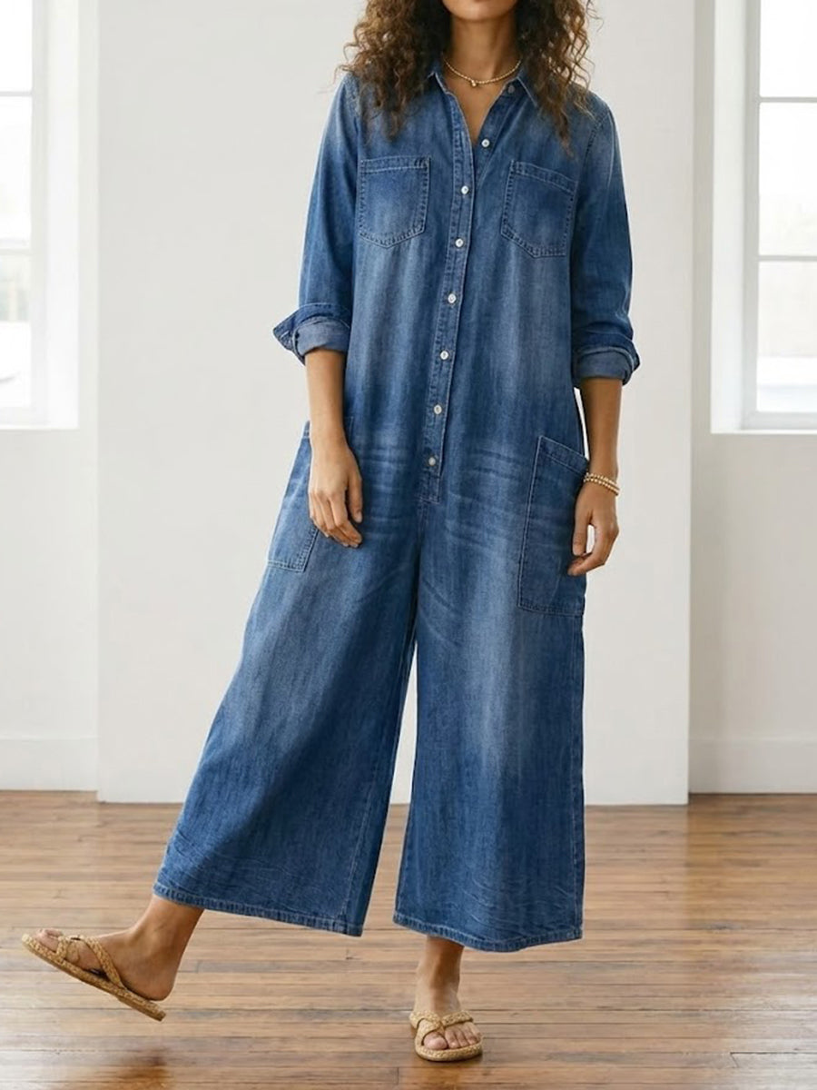 Saylor | Vintage Washed Soft Cotton Denim Jumpsuit with Button Closure