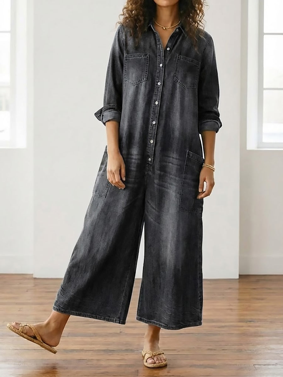 Saylor | Vintage Washed Soft Cotton Denim Jumpsuit with Button Closure