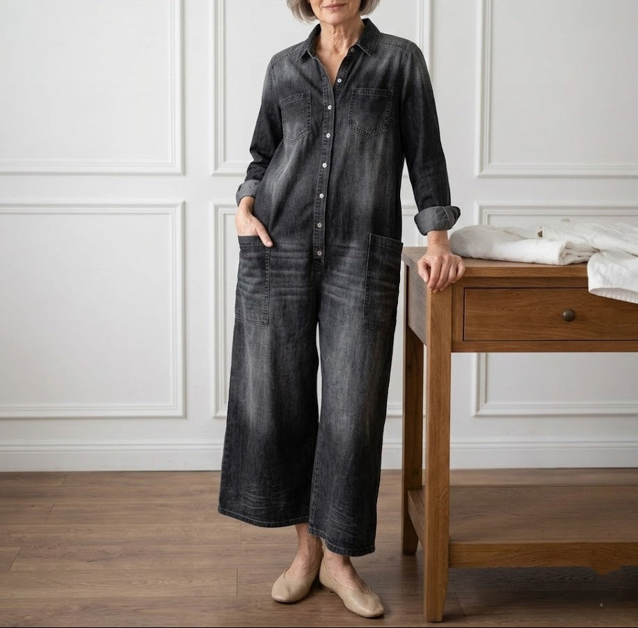 Saylor | Vintage Washed Soft Cotton Denim Jumpsuit with Button Closure